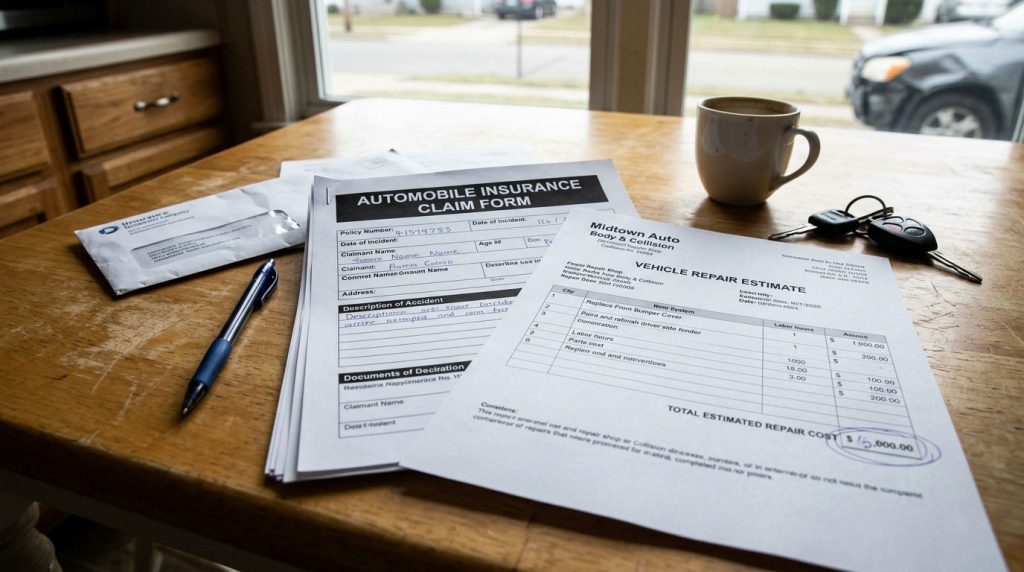 Car accident insurance documents and vehicle repair estimate