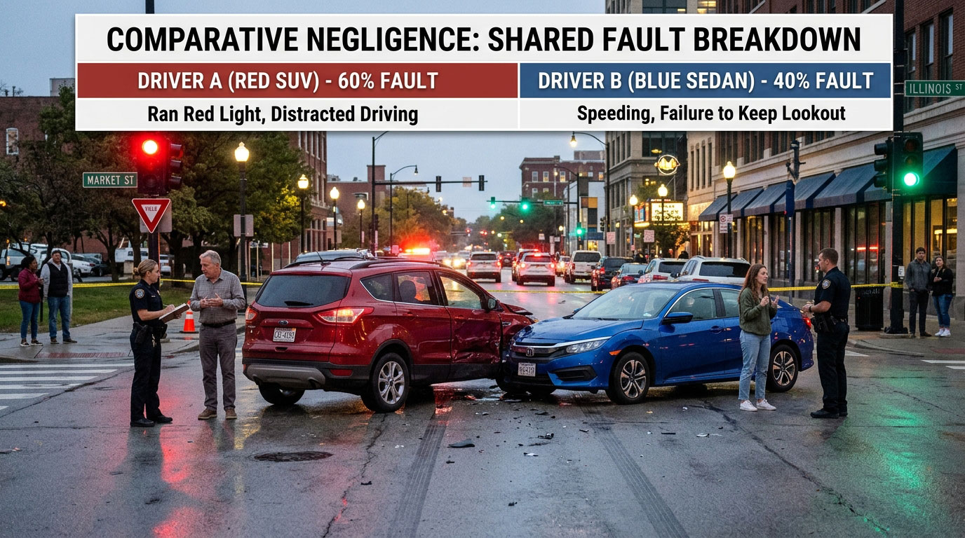Comparative negligence concept showing shared fault between two drivers