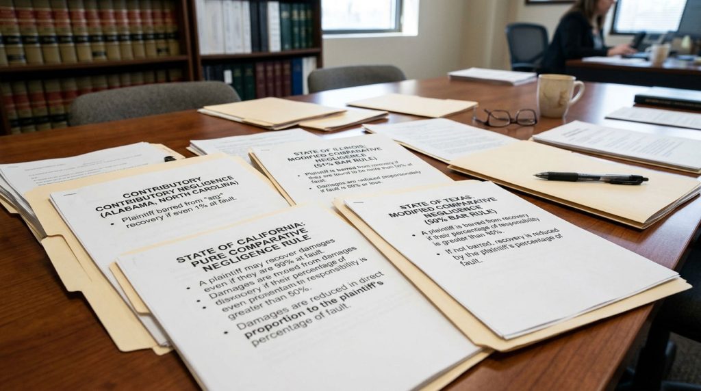 Legal documents representing different state comparative negligence rules
