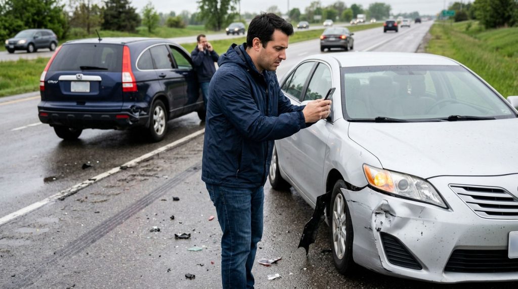 Driver photographing vehicle damage and road conditions after a car accident