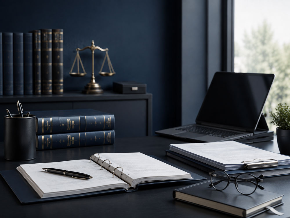 A professional law office desk featuring an open ring binder with a pen, eyeglasses on a journal, document clipboard, stack of law books, and a bronze scales of justice in the background near a window.