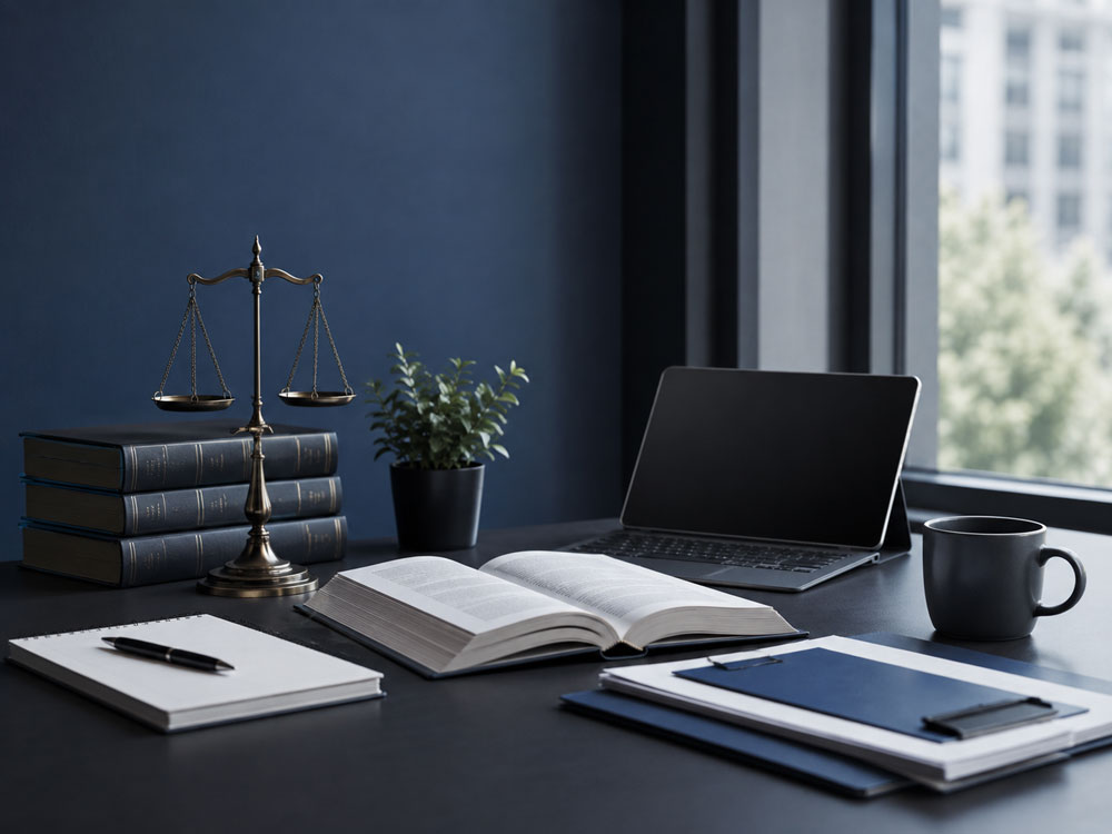 A dark blue attorney desk setup featuring a bronze scales of justice, an open legal book, a tablet with keyboard, clipboards, notebook, and a coffee mug near a window.