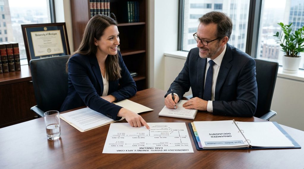 Organized documents and timeline for an initial lawyer consultation