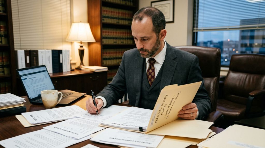 Lawyer reviewing documents related to a personal injury claim