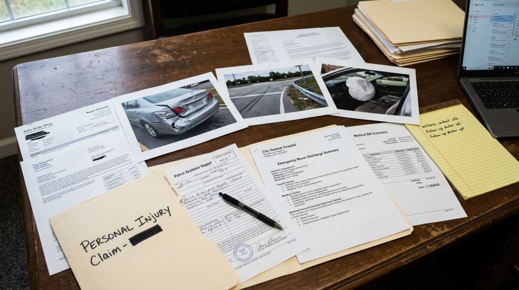 Personal injury claim evidence including accident photos and records