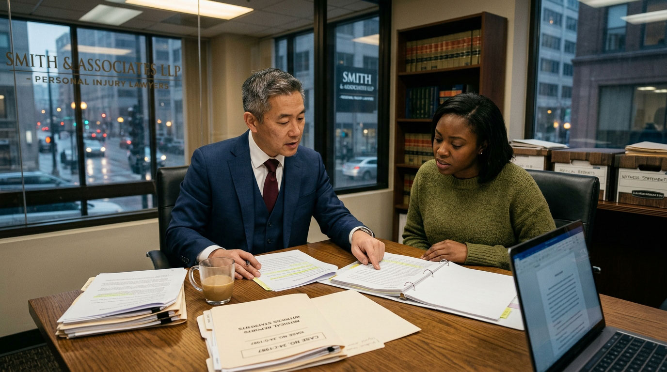 A male personal injury attorney in a suit pointing to documents during a case consultation meeting with a female client at a conference desk inside a Smith & Associates LLP office.