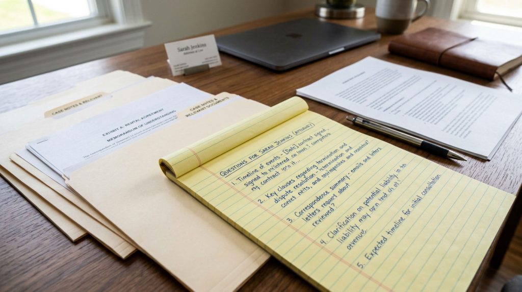 Written questions and legal documents prepared for a lawyer consultation