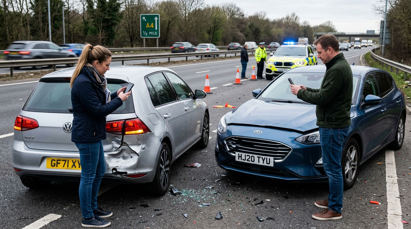 Drivers documenting vehicle damage after a car accident