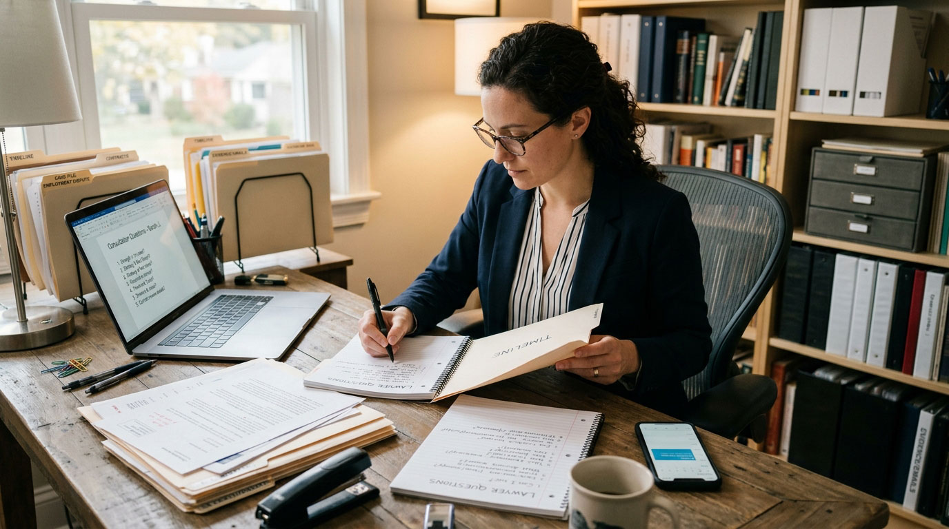 Client preparing documents and questions for a lawyer consultation